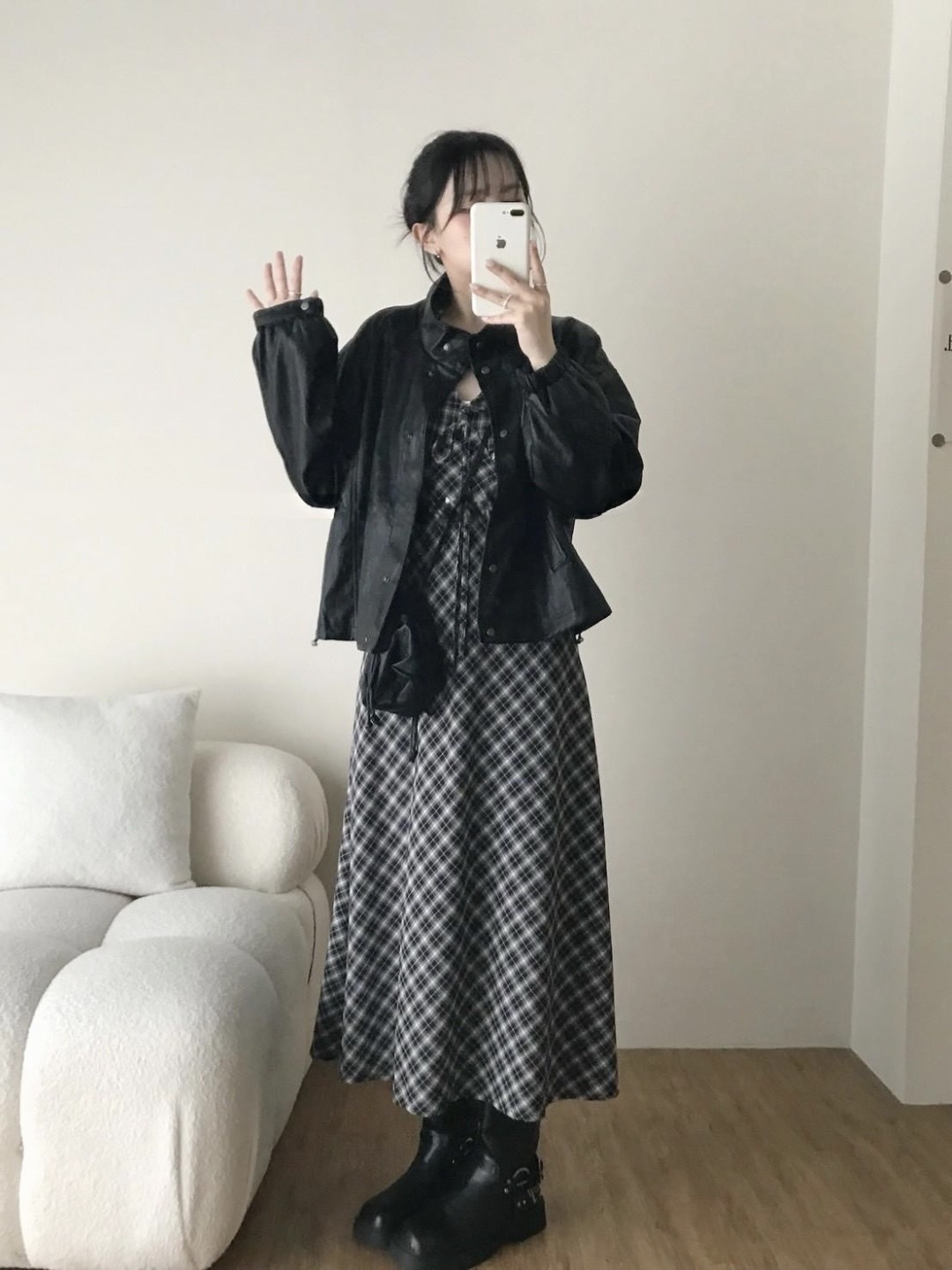 復古格紋繞脖長洋裝長洋裝