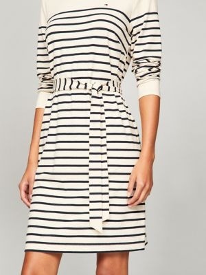 [S] TOMMY HILFIGER LONG SLEEVE BELTED STRIPE KNIT DRESS,BEIGE, 76J5169-281 (STH925)