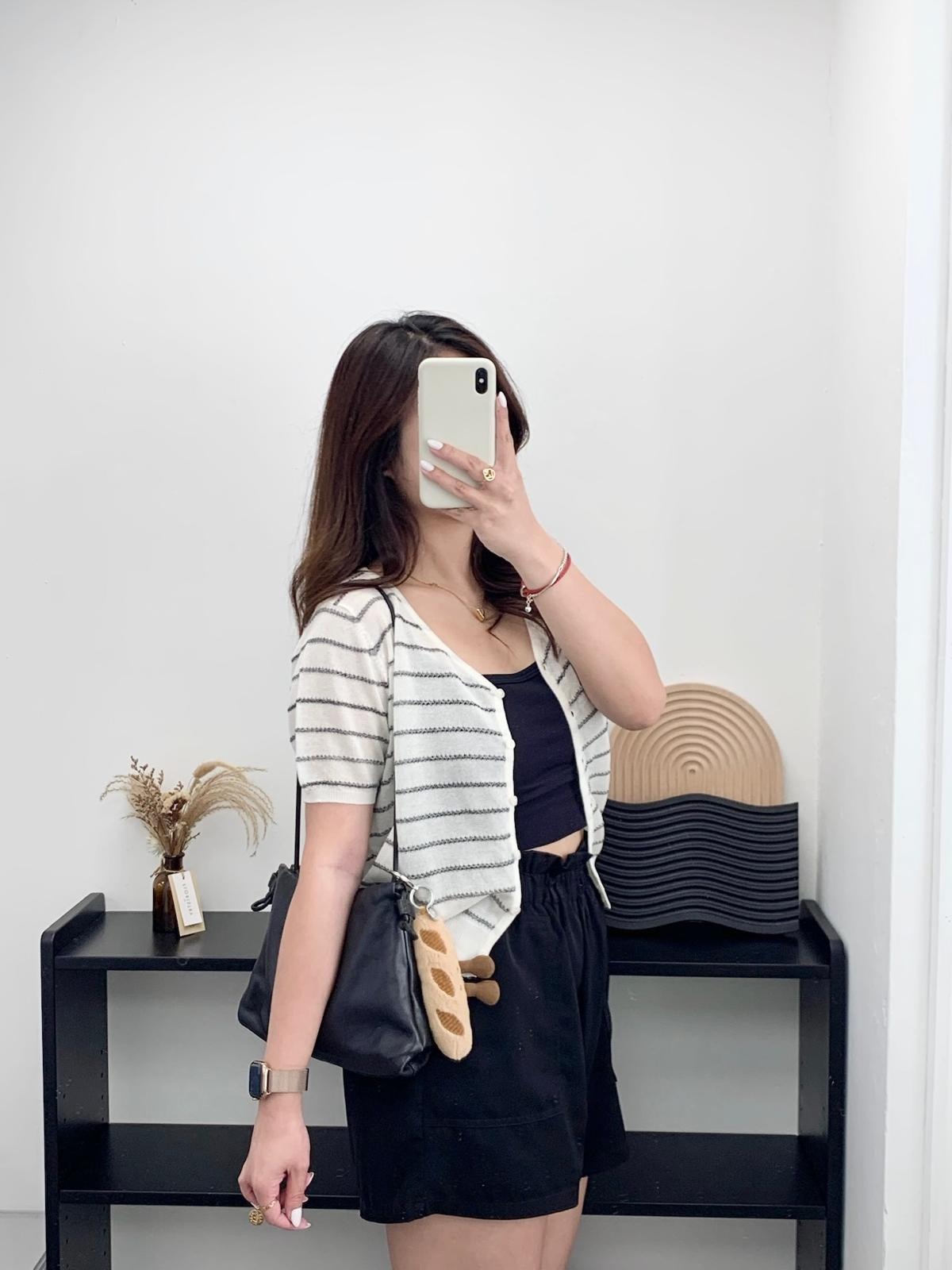 透薄橫間短袖上衣(米色)