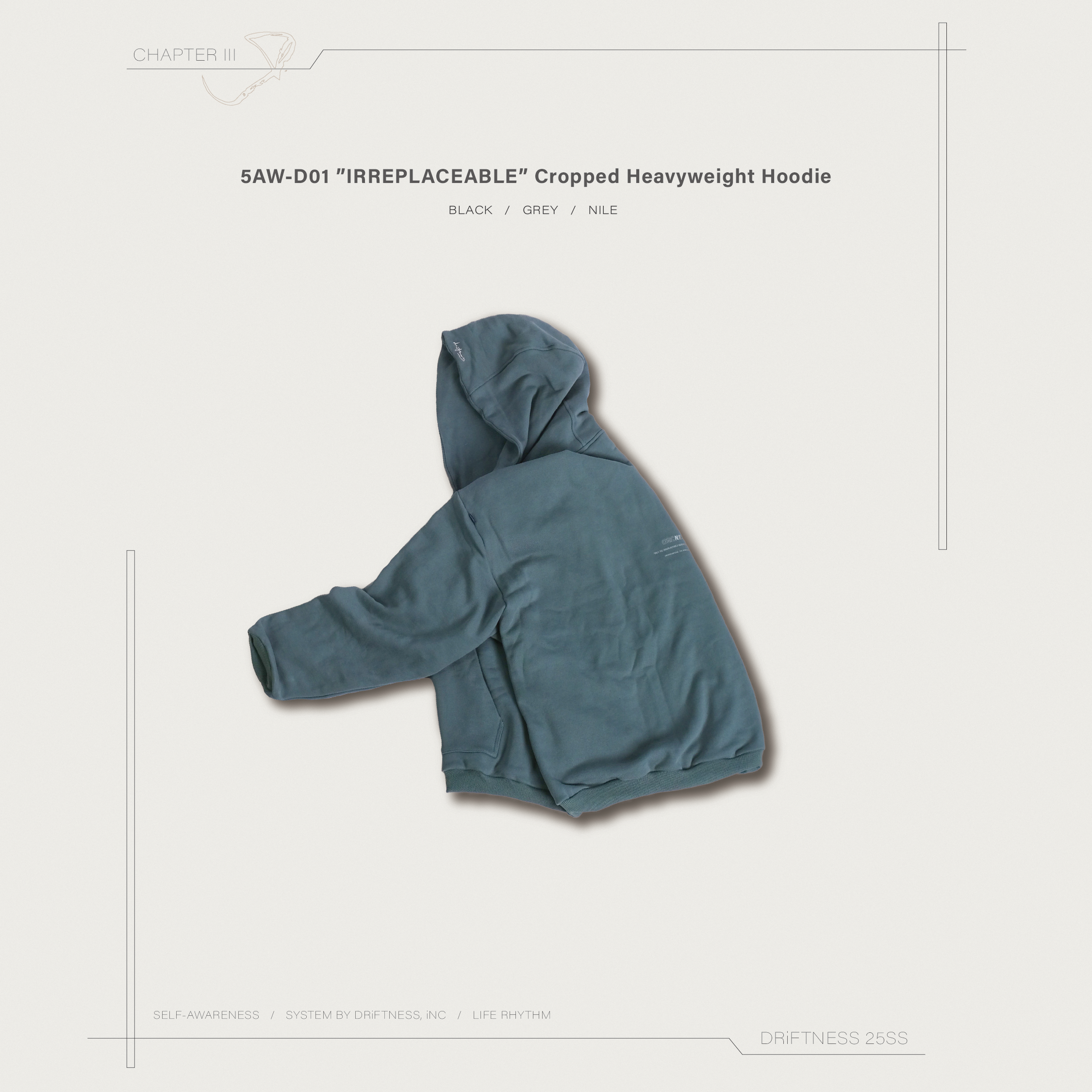 DRiFTNESS｜5AW-D01 ”IRREPLACEABLE” 短版厚磅帽T - Nile