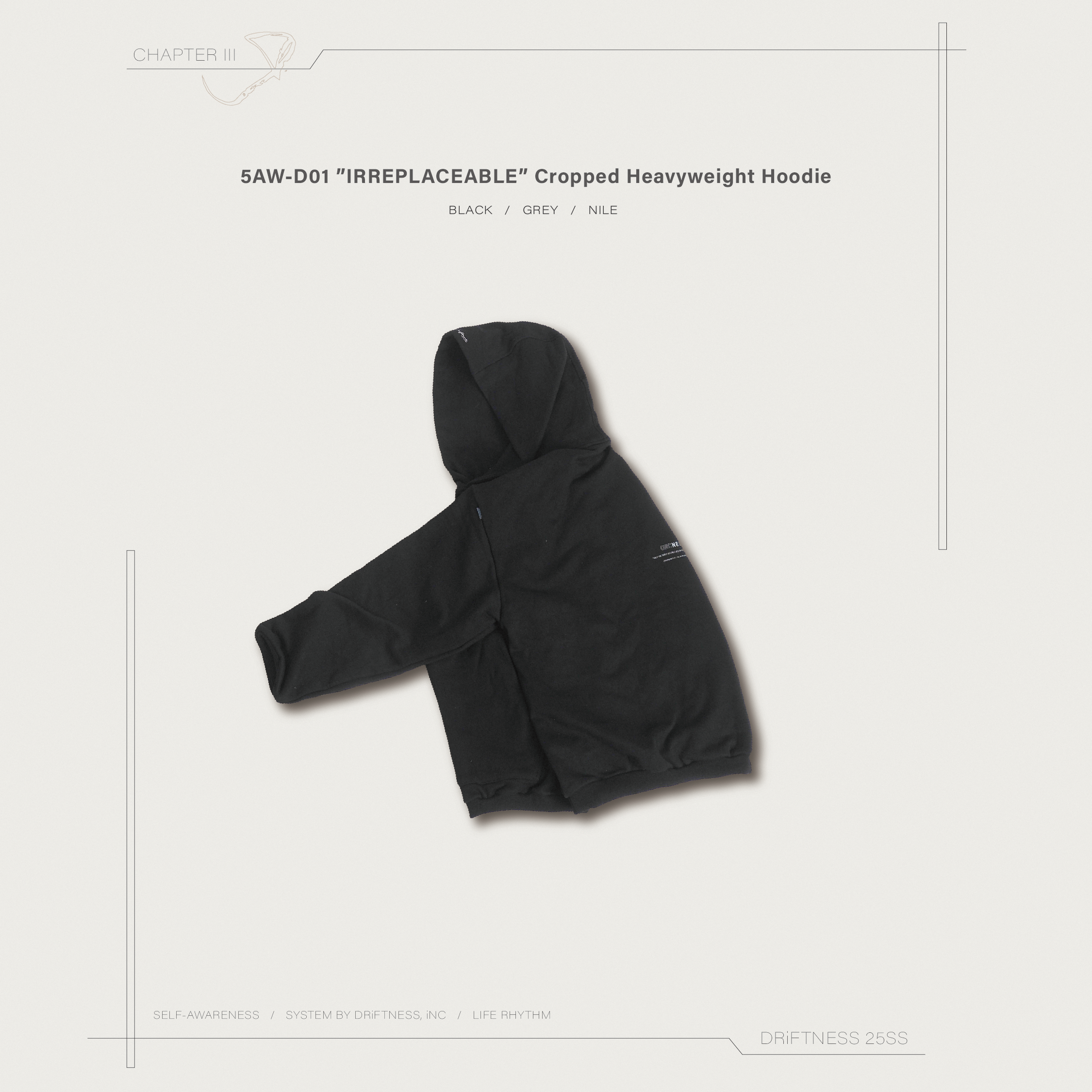 DRiFTNESS｜5AW-D01 ”IRREPLACEABLE” 短版厚磅帽T - Black