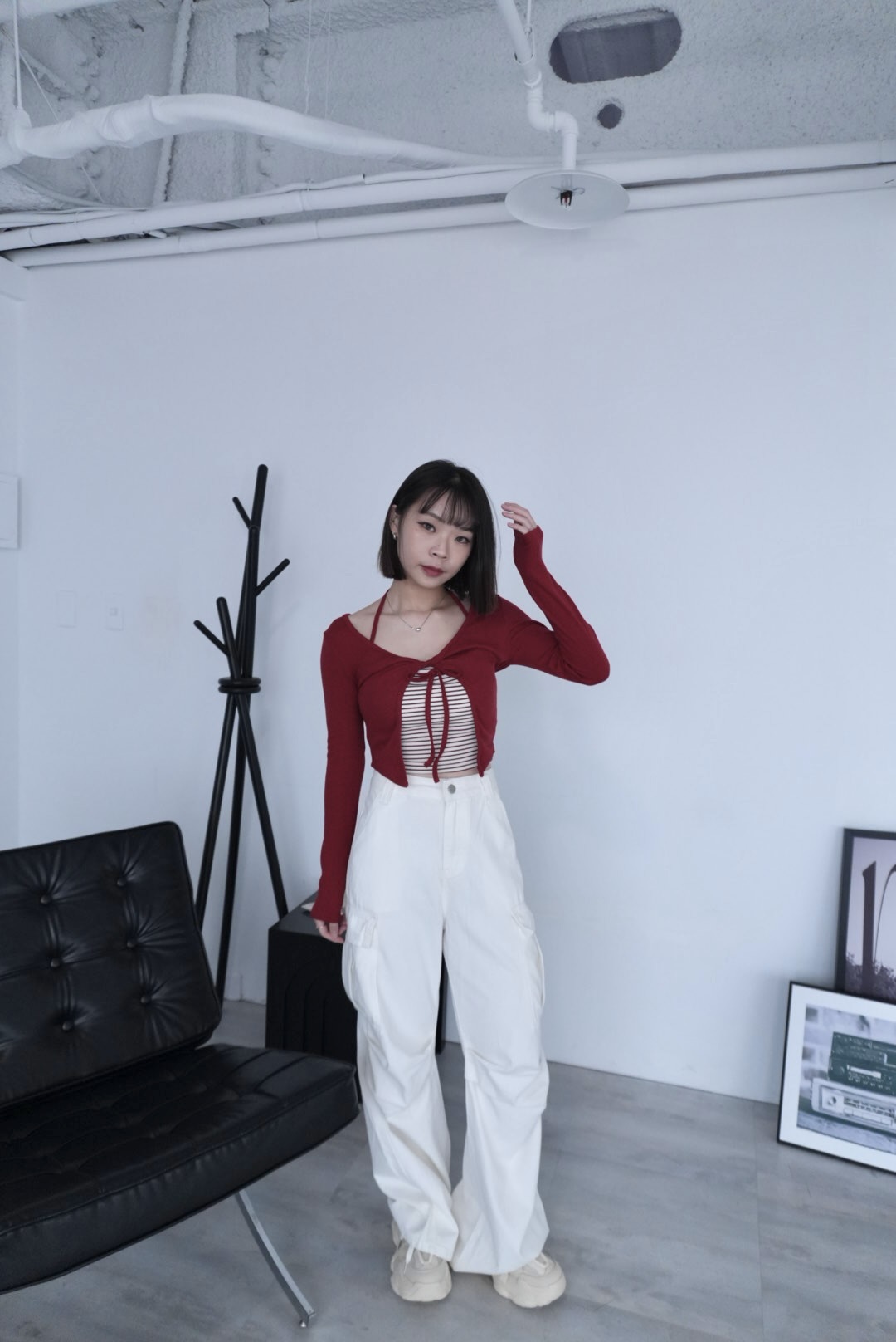 6308白色打摺工裝褲