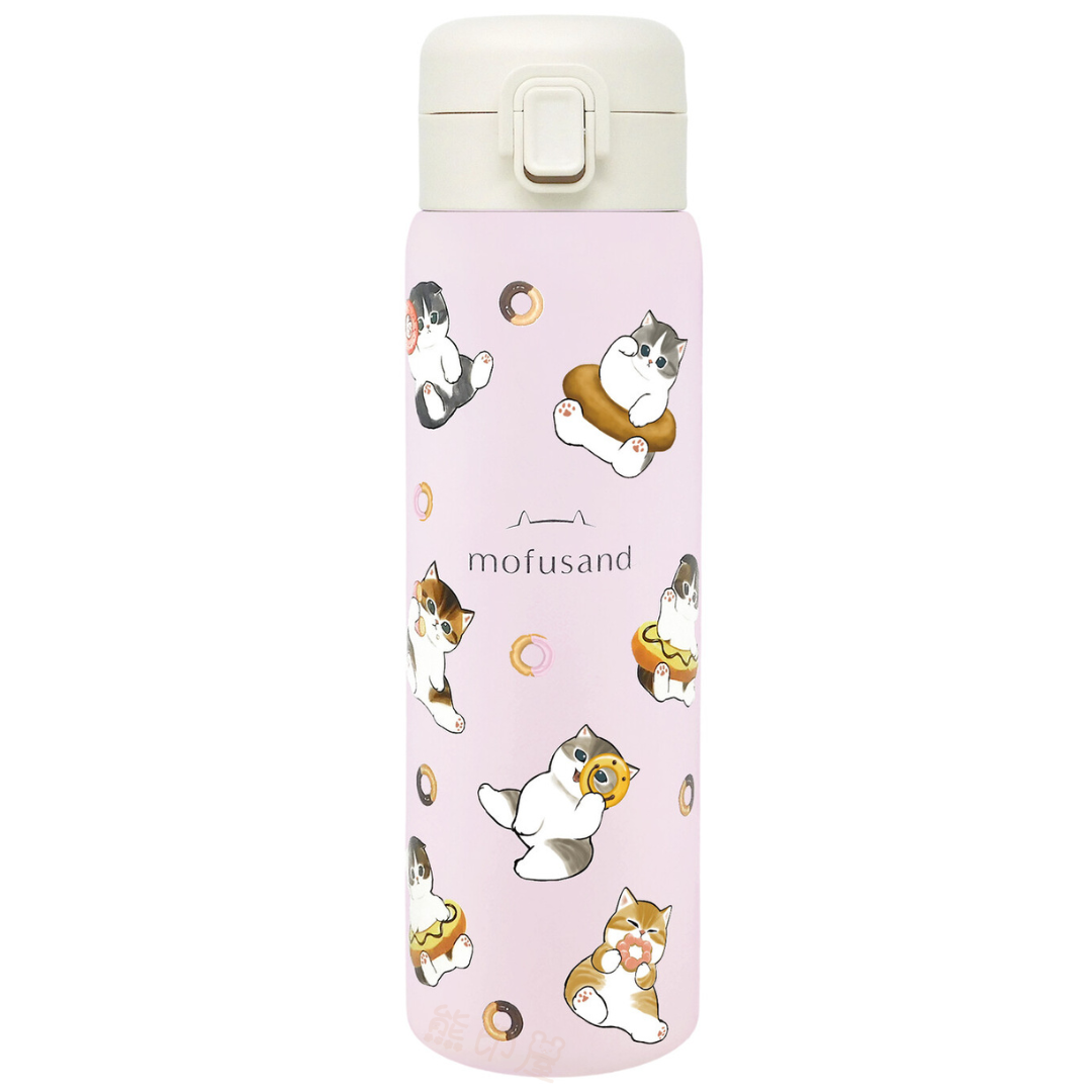 Mofusand甜甜圈貓不鏽鋼按壓式保溫水壺保溫瓶480ml (粉)