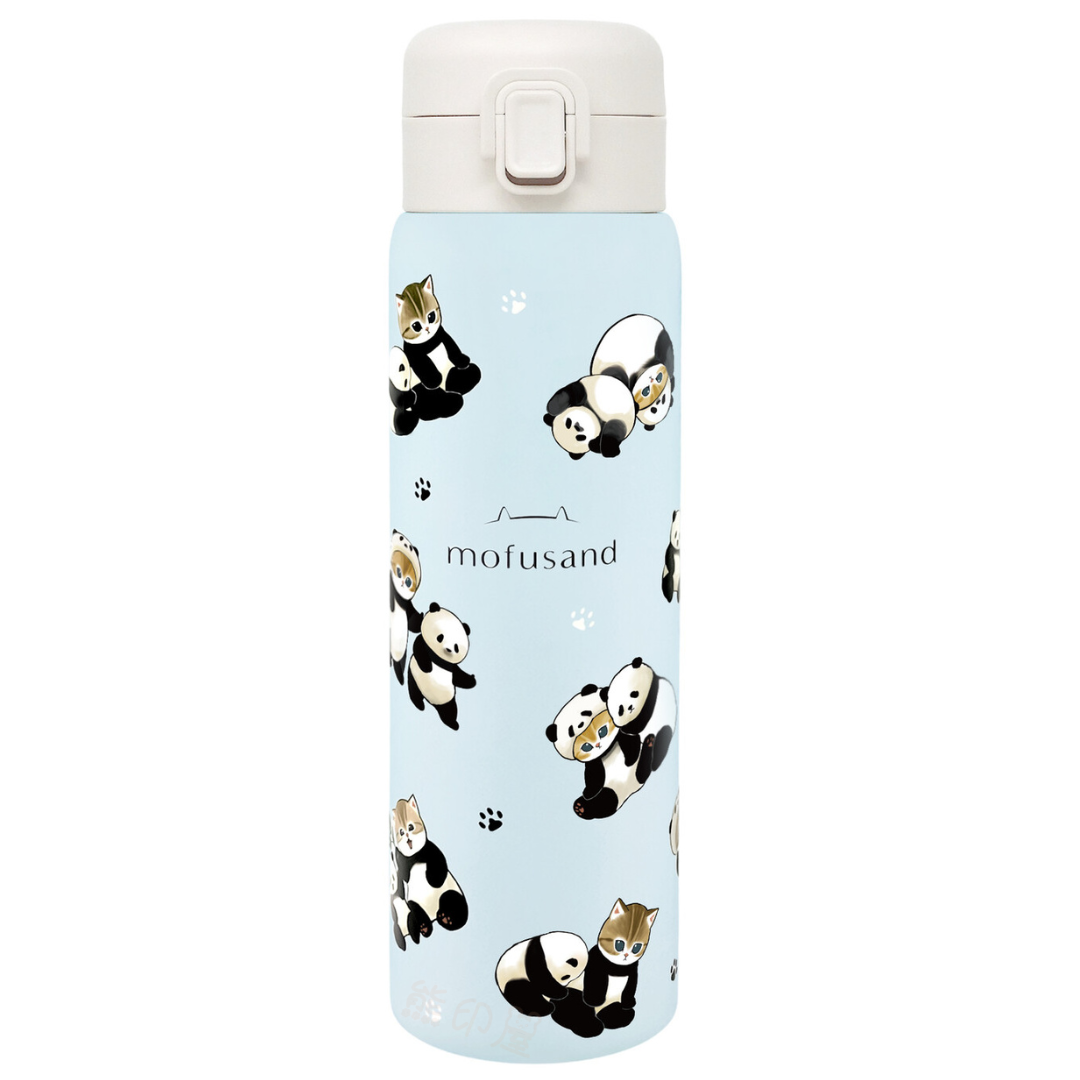 Mofusand熊貓不鏽鋼按壓式保溫水壺保溫瓶480ml (藍)