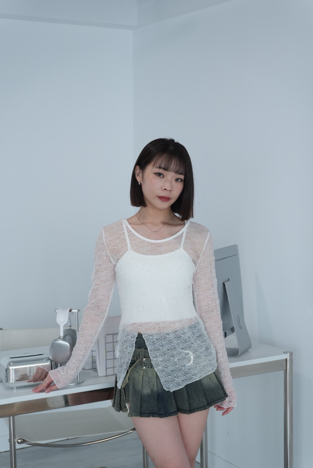 開衩兩件式網紗上衣