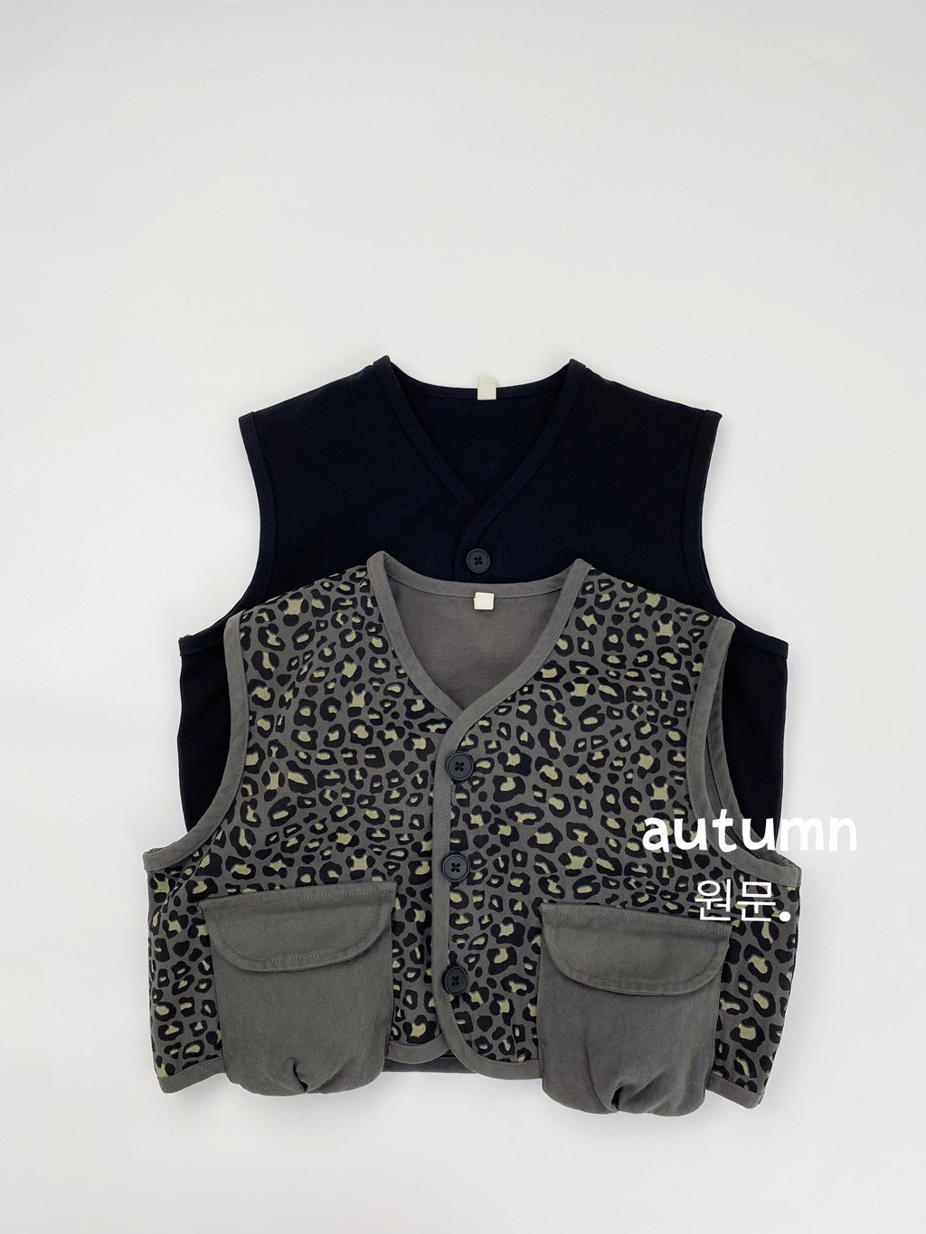 素色/豹紋雙口袋背心