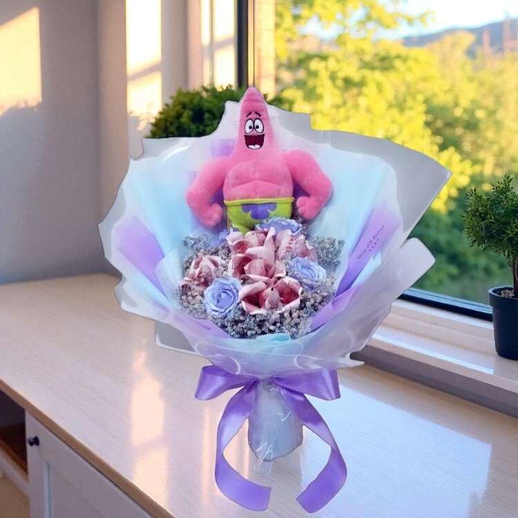 肌肉派大星鈔票花香皂花淺藍色花束