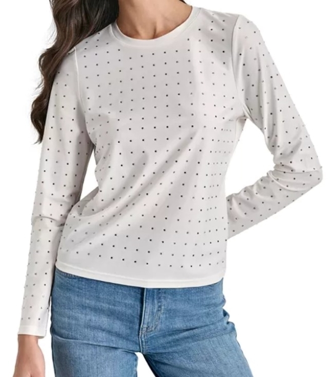 [S] DKNY IVORY TRICOT STUDDED TOP, DJ4T1000-IVY [FINAL SALE] (SD1306)