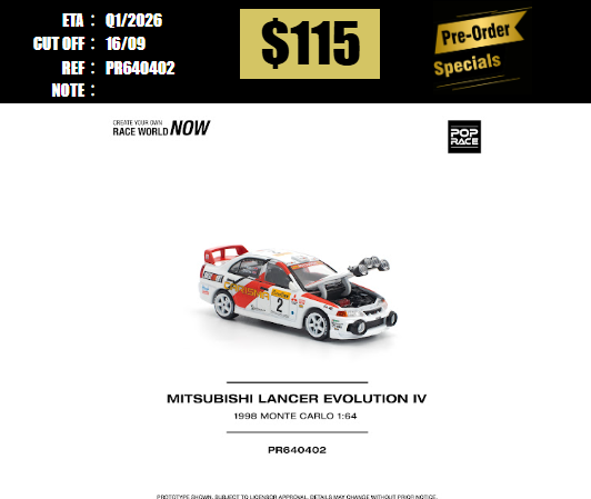 PO-$115 * POP RACE * 1:64 MITSUBISHI LANCER EVOLUTION IV - 1998 MONTE CARLO RALLY [OD01/09]