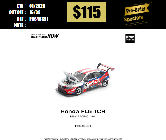 PO-$115 * POP RACE * 1:64 HONDA CIVIC TYPE-R (FL5) TCR - M&K RACING [OD01/09]