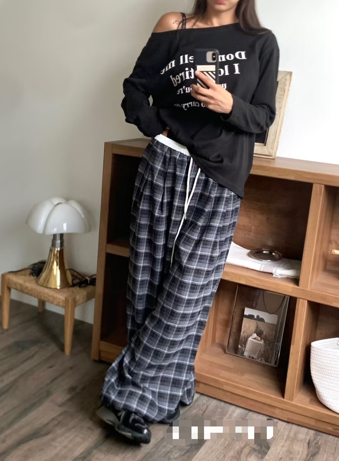 白褲頭格子休閒長褲