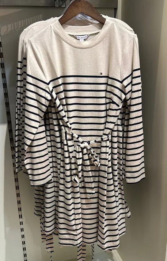 [S] TOMMY HILFIGER TOMMY HILFIGER LONG SLEEVE BELTED STRIPE KNIT DRESS,BEIGE, 76J5169-281 (STH1128)