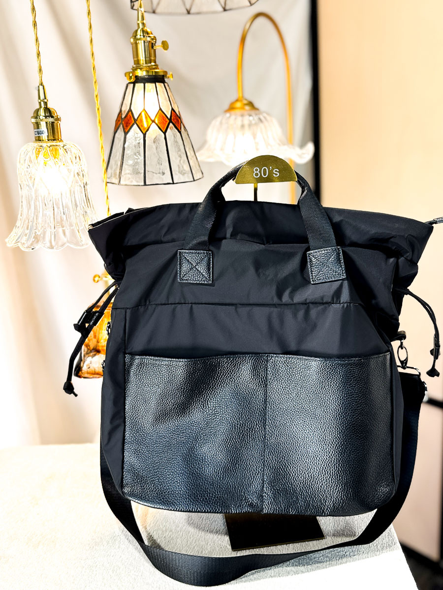 袋口位拉鏈 束帶．真皮 拼 尼龍料 兩用袋 (SHOULDER BAG /背囊)