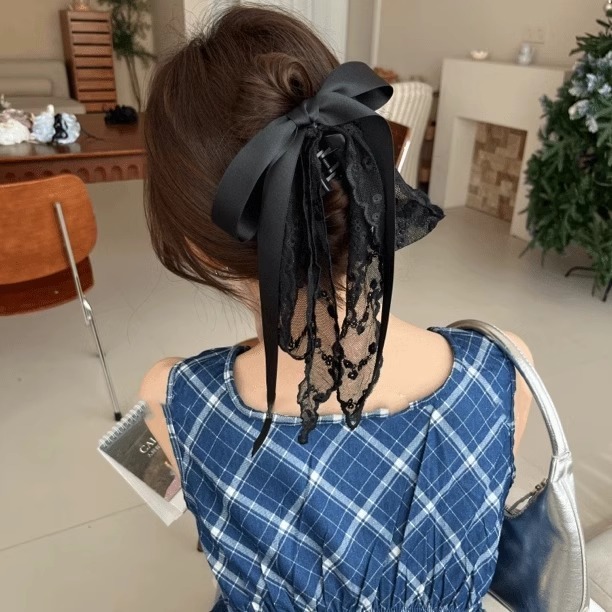 Ballet Style Lace Bow Ribbon Ponytail Claw Clip