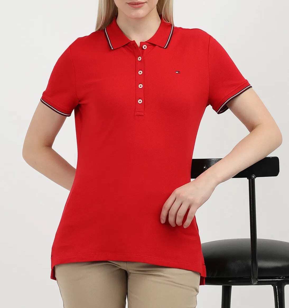 [S] TOMMY HILFIGER TIPPED STRETCH-COTTON LADIES POLO TEE,RED, 76J5170-600 [FINAL SALE] (STH960)