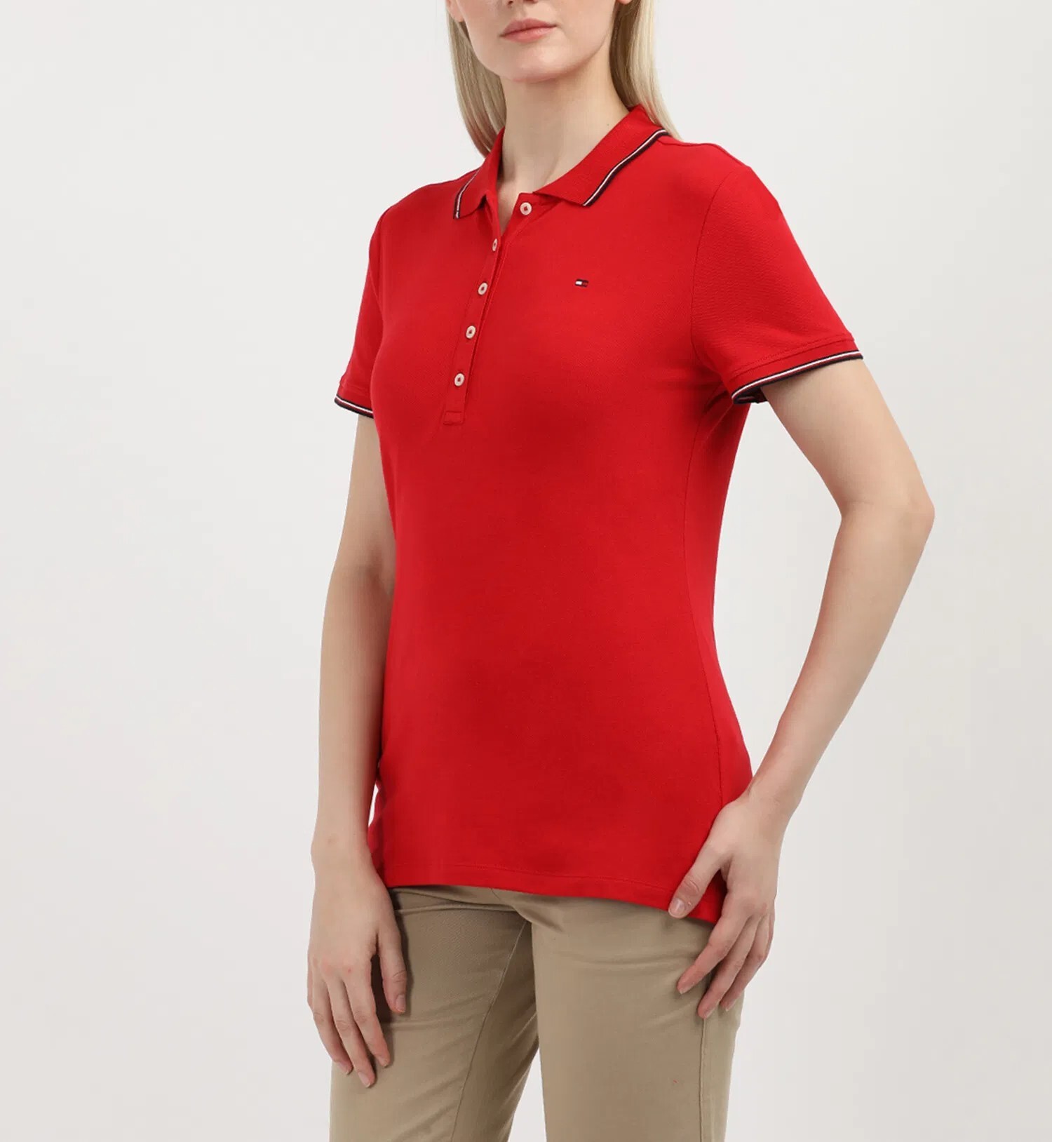 [S] TOMMY HILFIGER TIPPED STRETCH-COTTON LADIES POLO TEE,RED, 76J5170-600 [FINAL SALE] (STH960)