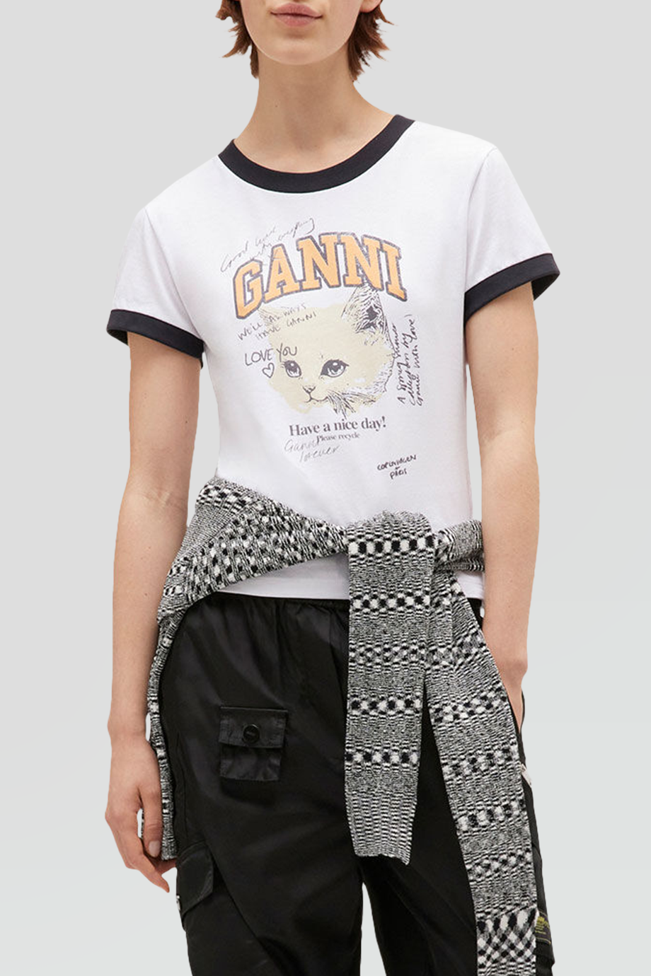 GANNI｜KITTY 小貓印花撞色滾邊合身T