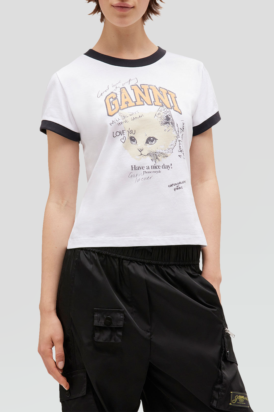 GANNI｜KITTY 小貓印花撞色滾邊合身T