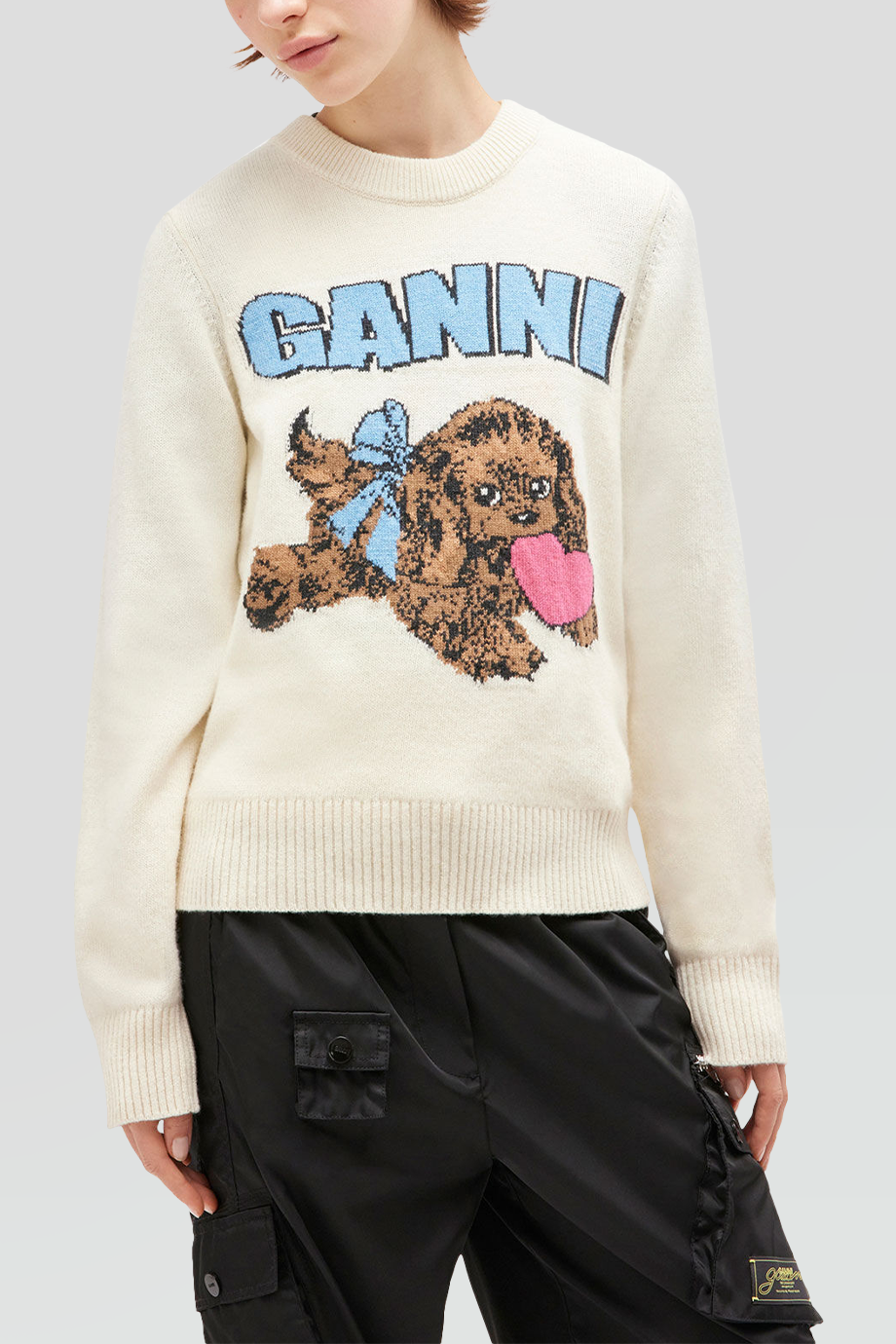 GANNI｜PUPPY 圓領LOGO小狗提花毛衣
