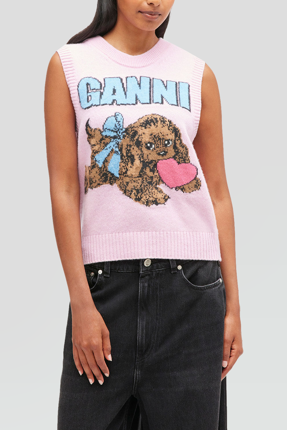 GANNI｜PUPPY 圓領LOGO小狗提花羊毛背心
