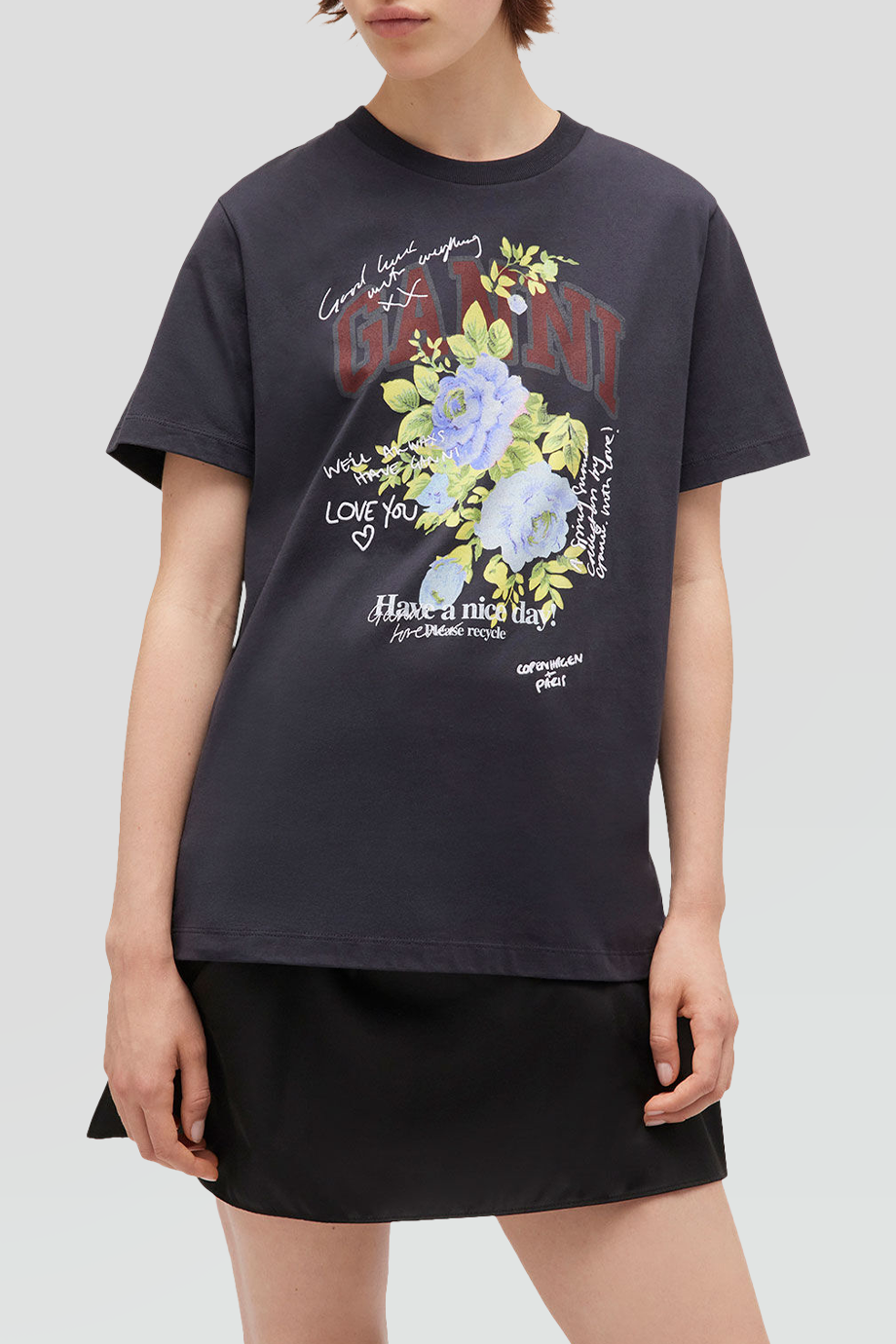 GANNI｜ROSE 刺繡標語玫瑰印花短袖T