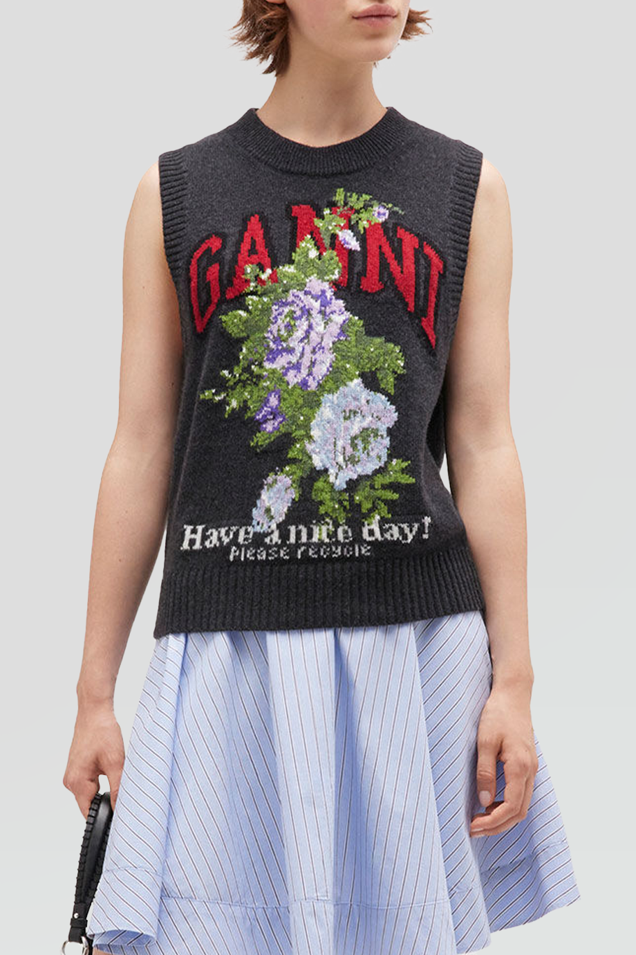 GANNI｜ROSE 圓領LOGO玫瑰提花羊毛背心