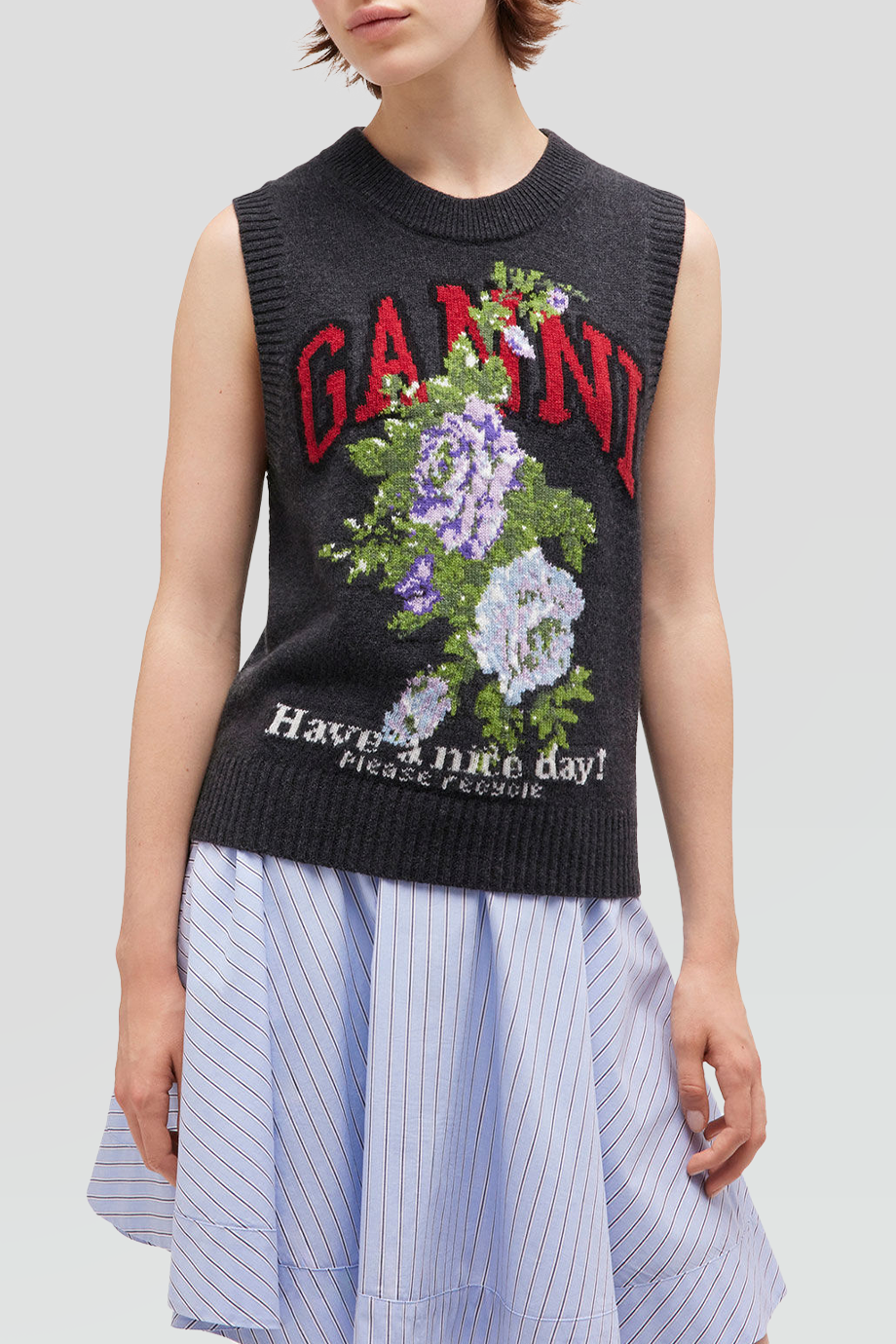 GANNI｜ROSE 圓領LOGO玫瑰提花羊毛背心