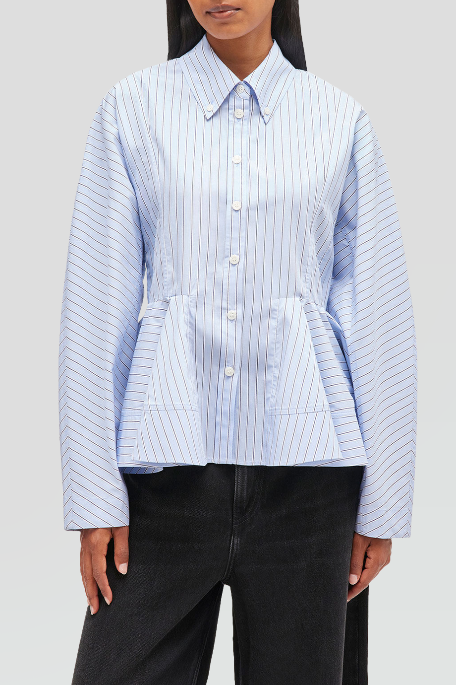 GANNI｜STRIPE 荷葉式下擺條紋襯衫