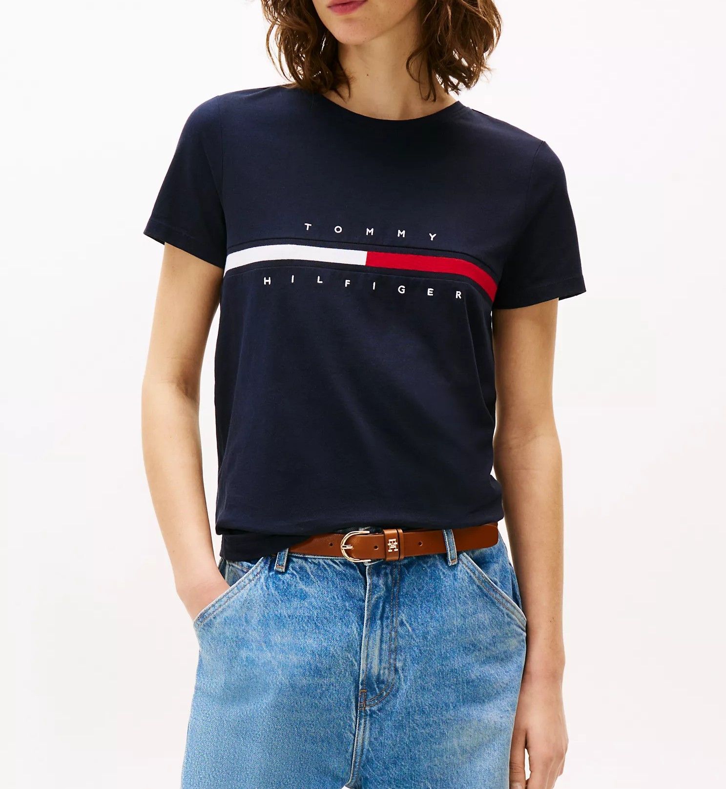 [S] TOMMY HILFIGER TOMMY HILFIGER EMBROIDERED FLAG STRIPE LOGO LADIES T-SHIRT,NAVY, 76J4893-410 (STH1122)