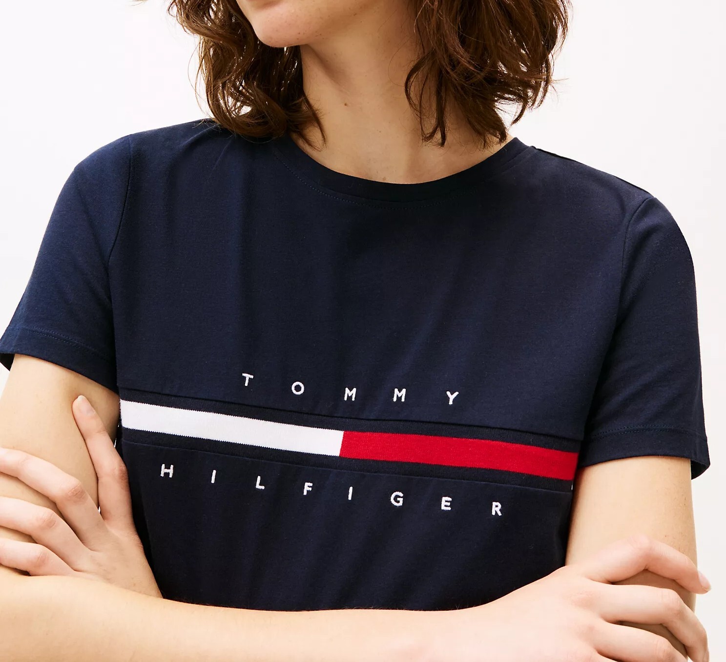 [S] TOMMY HILFIGER TOMMY HILFIGER EMBROIDERED FLAG STRIPE LOGO LADIES T-SHIRT,NAVY, 76J4893-410 (STH1122)
