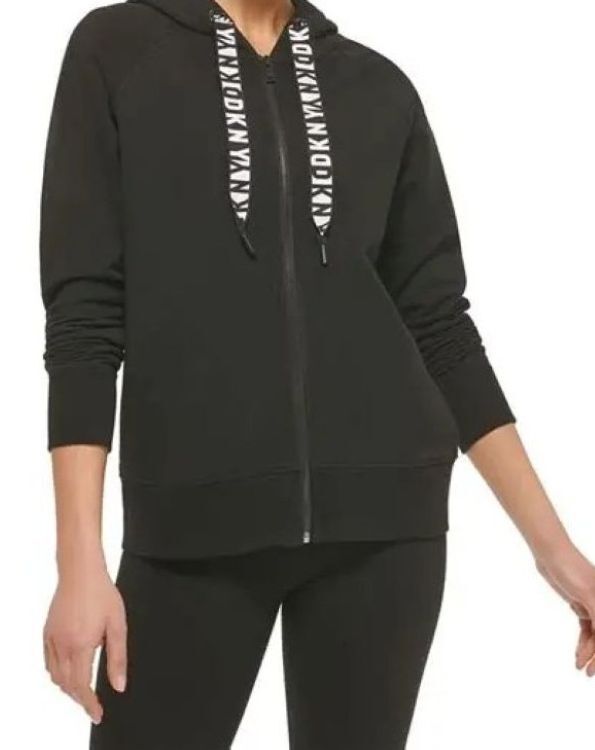 [S] DKNY WOMENS HOODED ZIP THRU SWEATSHIRT,BLACK, DP2J8598-BLK (SD965)