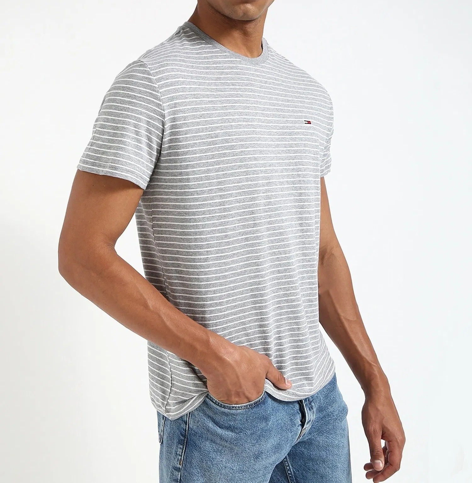 [S] TOMMY HILFIGER STRIPE CREW NECK FAVORITE T-SHIRT,BREEZY BLUE, 76J5262-450 (STH1018)