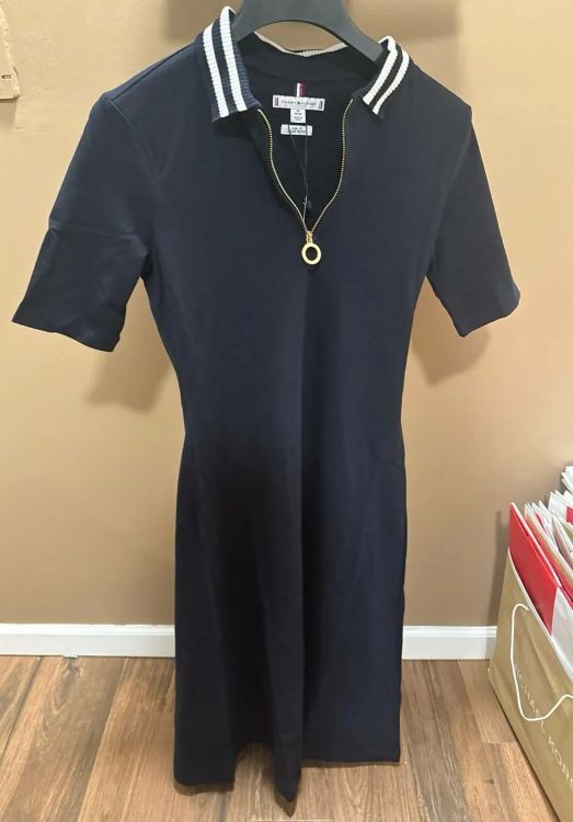 [S] TOMMY HILFIGER NAVY WOMEN'S HALF ZIP SHORT SLEEVE PIQUE DRESS, 76J4746-410 (STH1200)