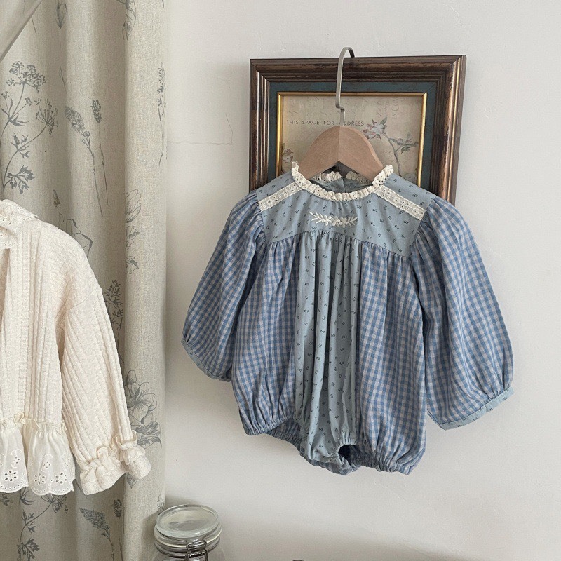 花邊立領藍格子包屁衣
