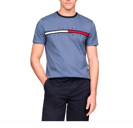 [S] TOMMY HILFIGER TOMMY HILFIGER FLAG STRIPE LOGO T-SHIRT,BLUE HEATHER, 78JA524-420 (STH1135)