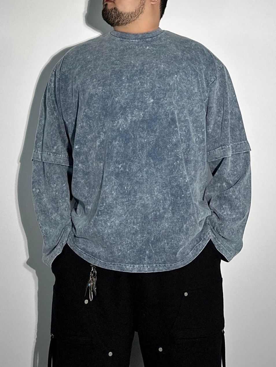 假兩件洗水淨色長袖衫 HD-009T