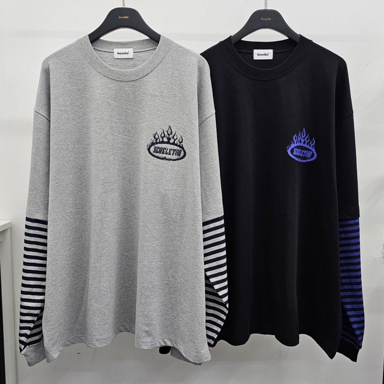 假兩件橫間英文字長袖衫 HD-012T