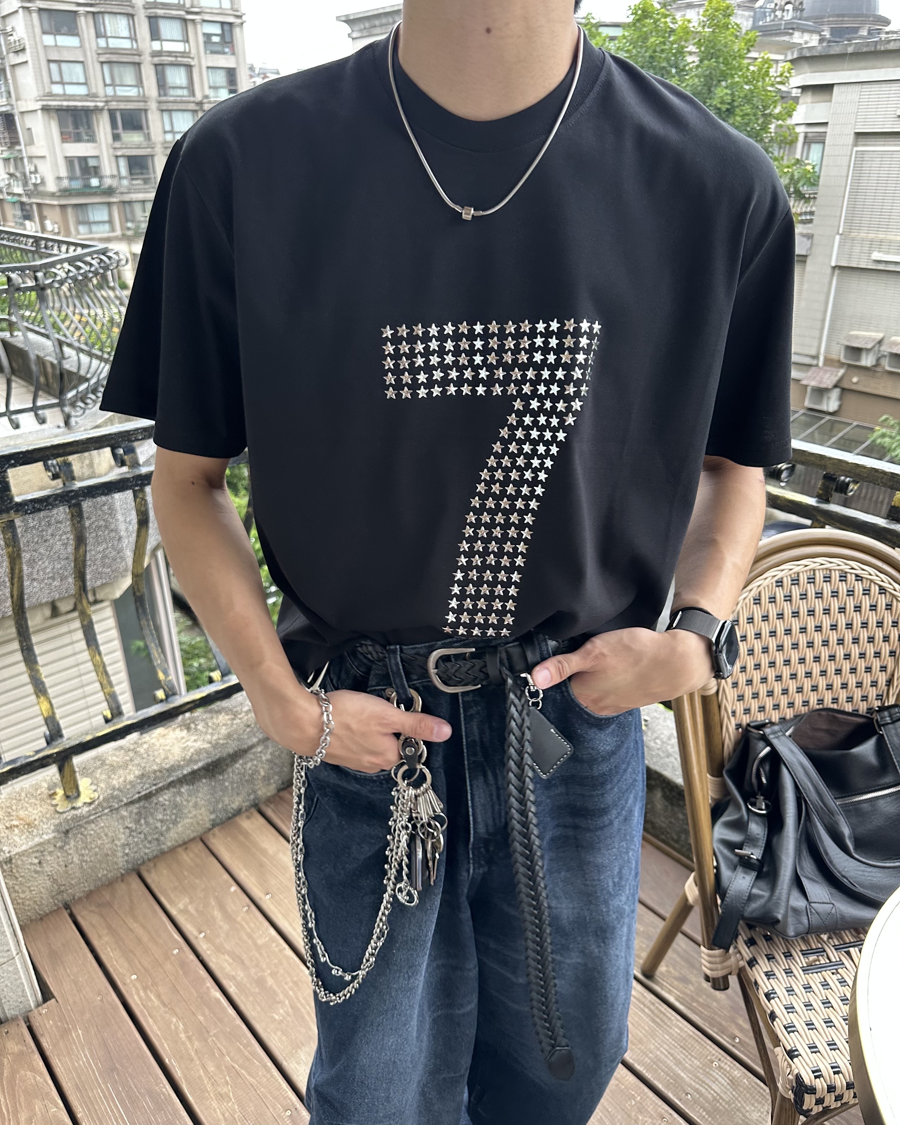 𝐇·𝐓·𝐒 韓國 BOXY 寬短 7號水鑽 星星 數字 寬鬆 短版 上衣 短袖