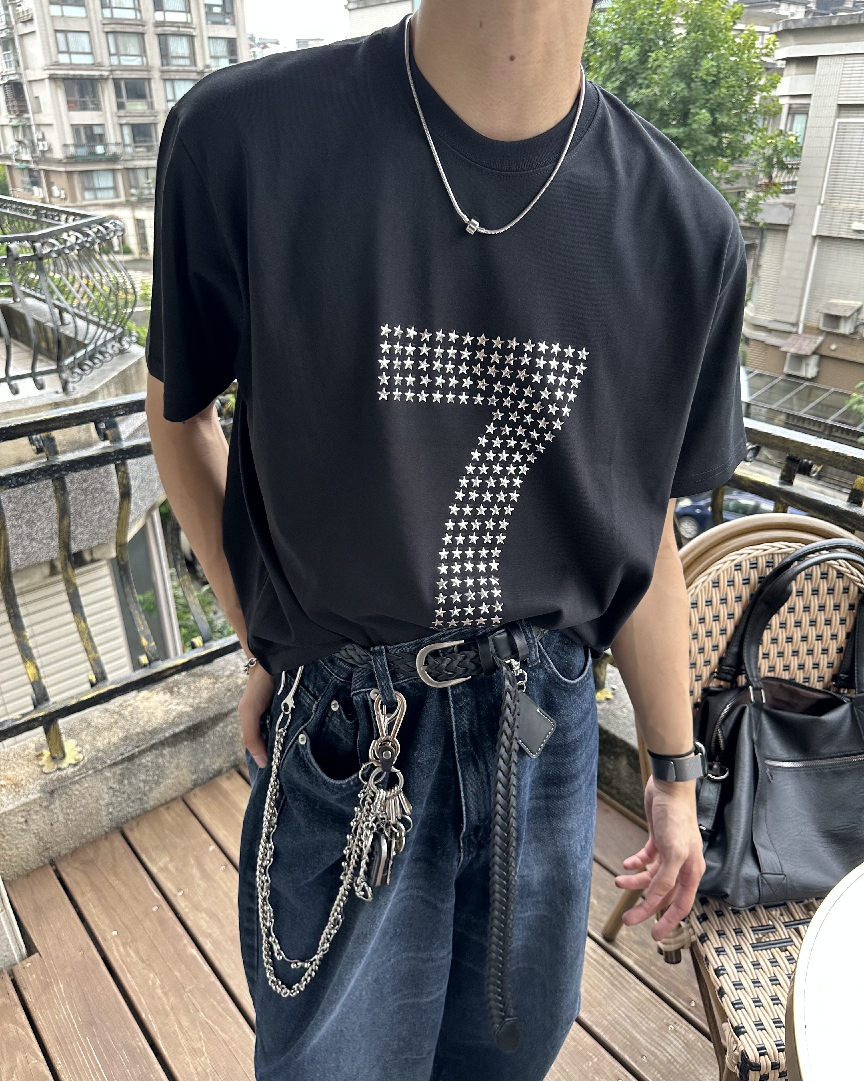 𝐇·𝐓·𝐒 韓國 BOXY 寬短 7號水鑽 星星 數字 寬鬆 短版 上衣 短袖