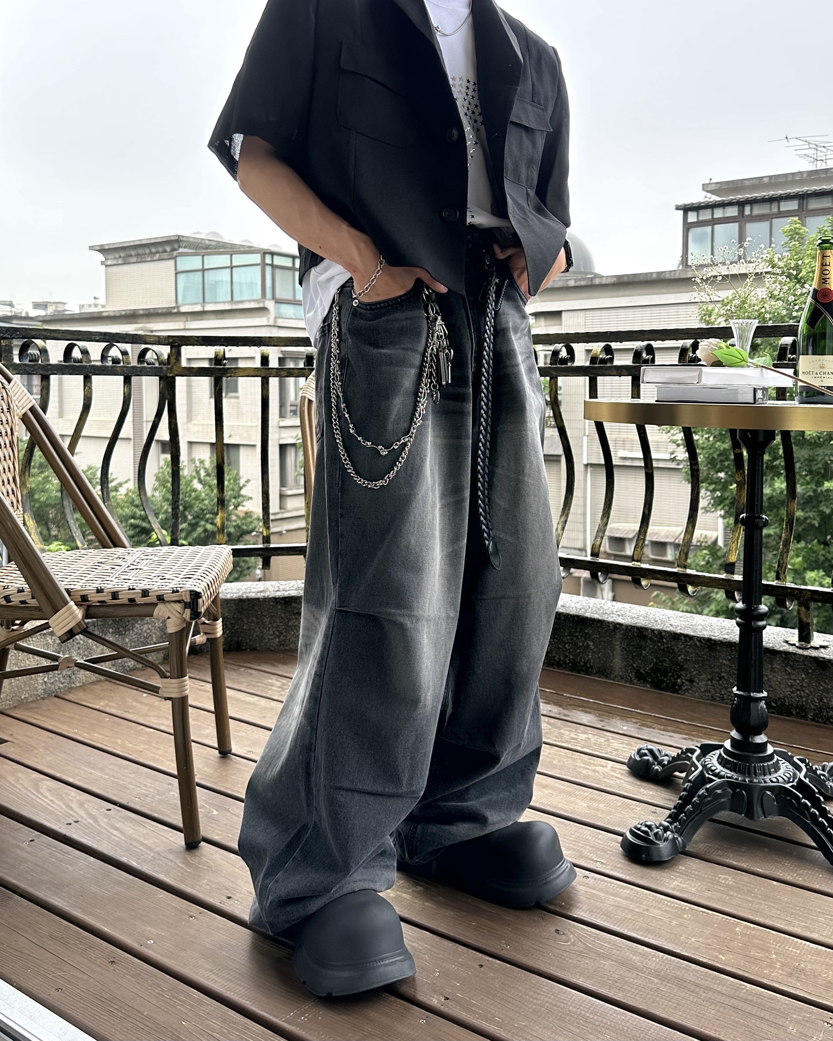 𝐇·𝐓·𝐒 韓國 Baggy 水洗痕 皺摺 丹寧 仿舊 鈕扣調節 牛仔 長褲