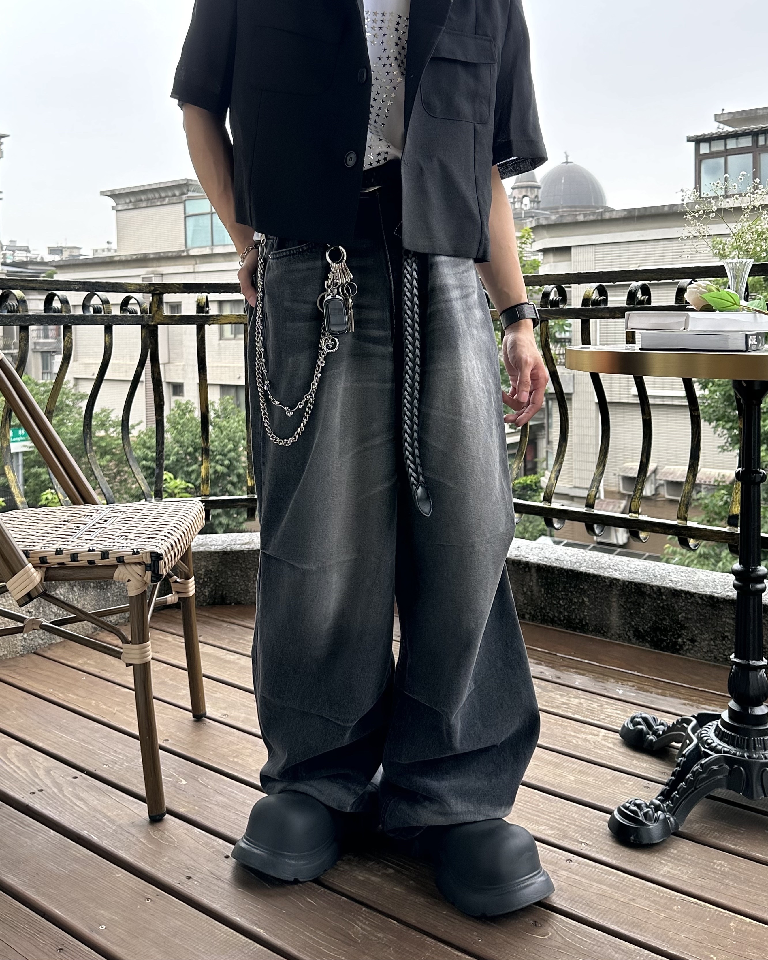 𝐇·𝐓·𝐒 韓國 Baggy 水洗痕 皺摺 丹寧 仿舊 鈕扣調節 牛仔 長褲