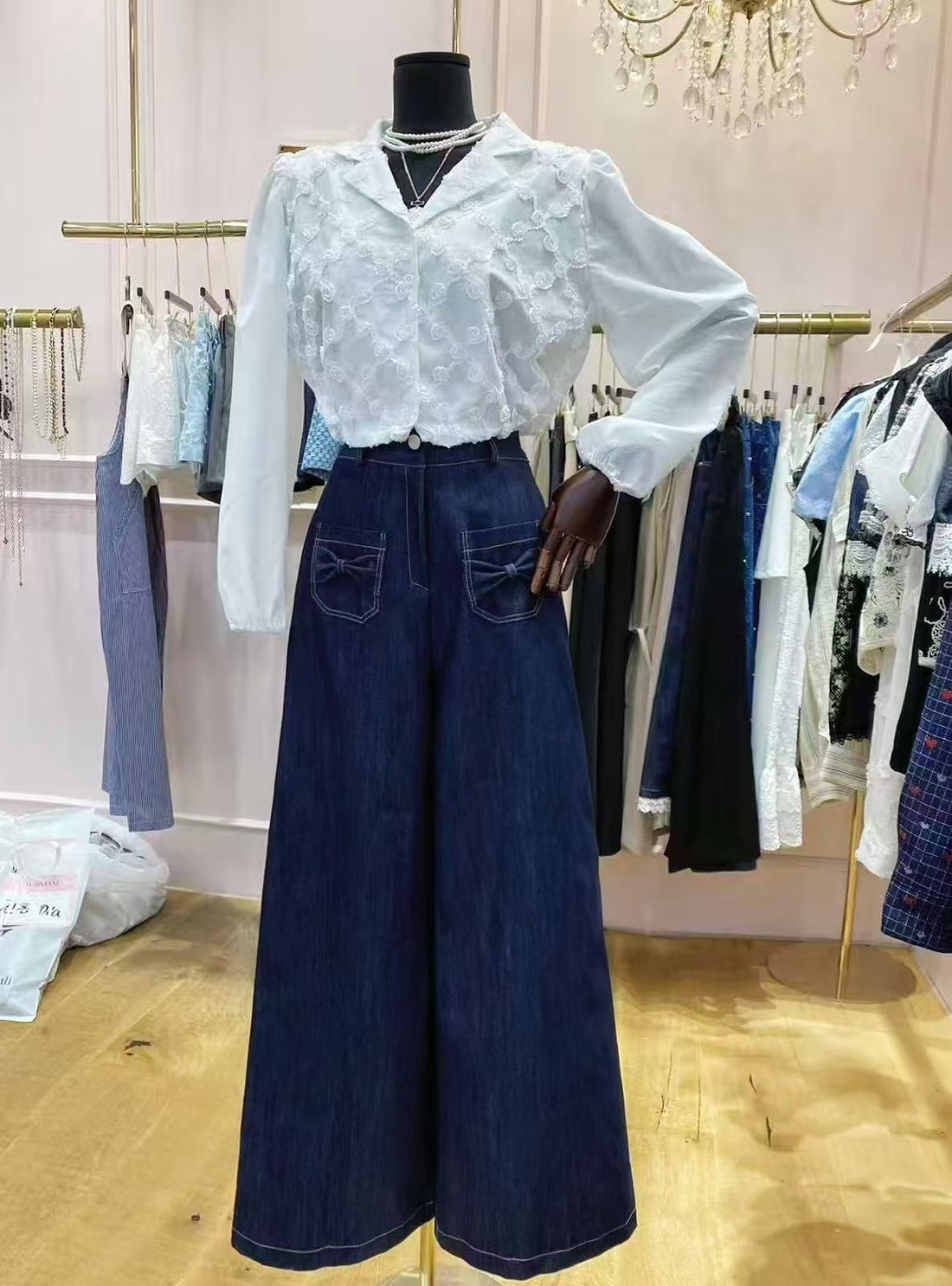 牛仔蝴蝶結口袋寬長褲