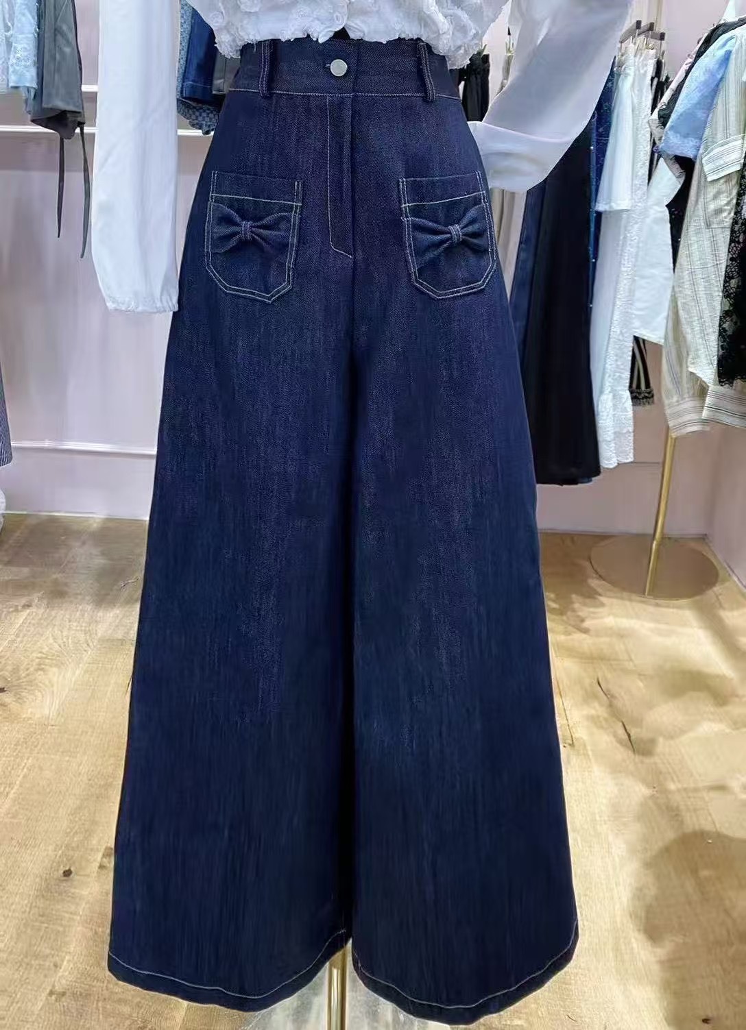 牛仔蝴蝶結口袋寬長褲