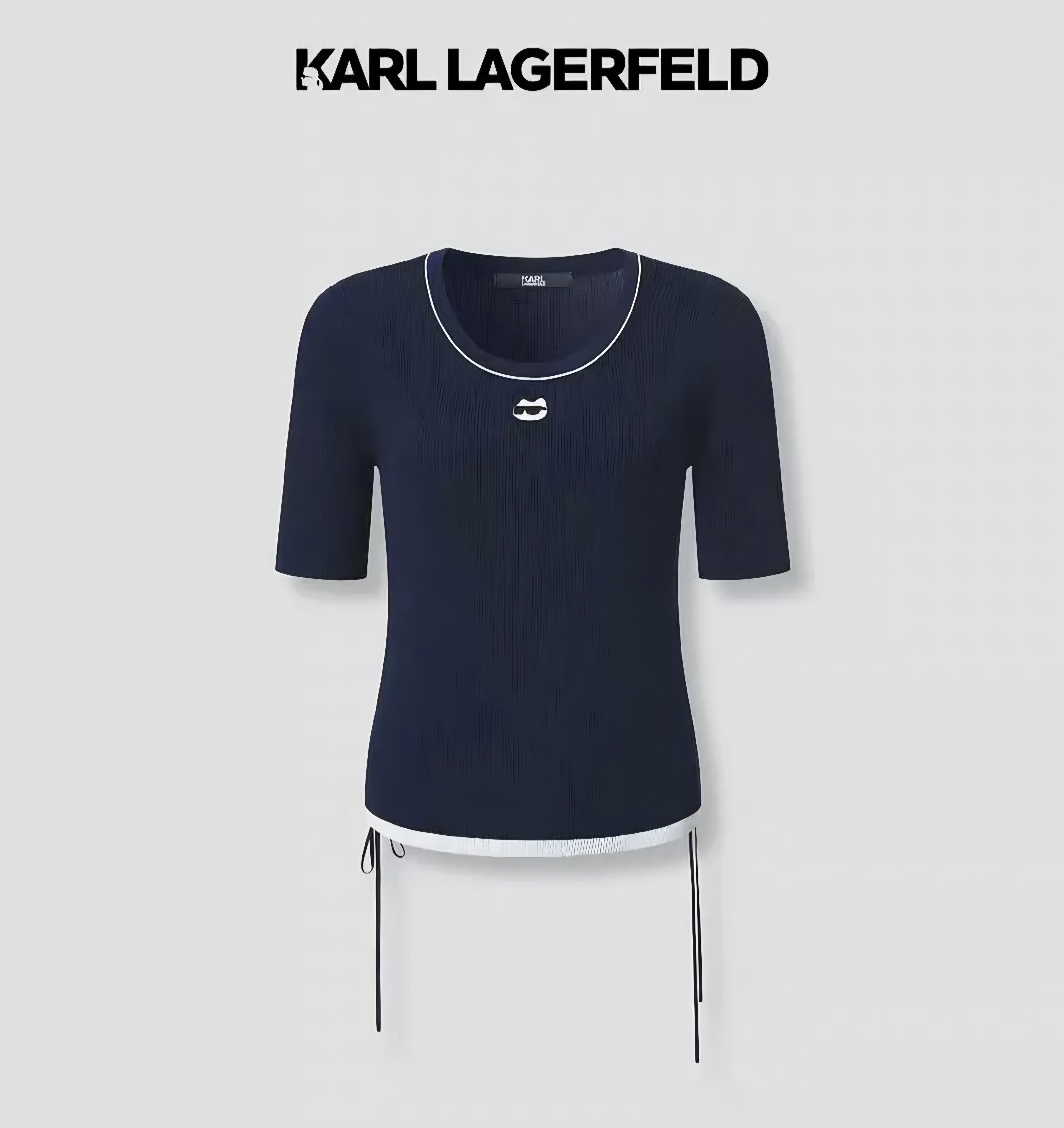 Karl 深藍白邊小貓彈力 Tee 女款