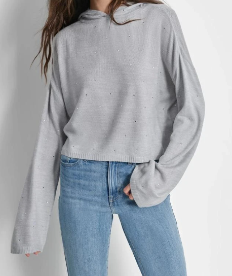 [S] DKNY PEARL GREY HEATHER RHINESTUD CROPPED HOODIE SWEATER, DJ4R0369-I5S [FINAL SALE] (SD1285)