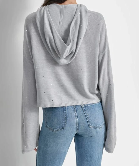 [S] DKNY PEARL GREY HEATHER RHINESTUD CROPPED HOODIE SWEATER, DJ4R0369-I5S [FINAL SALE] (SD1285)