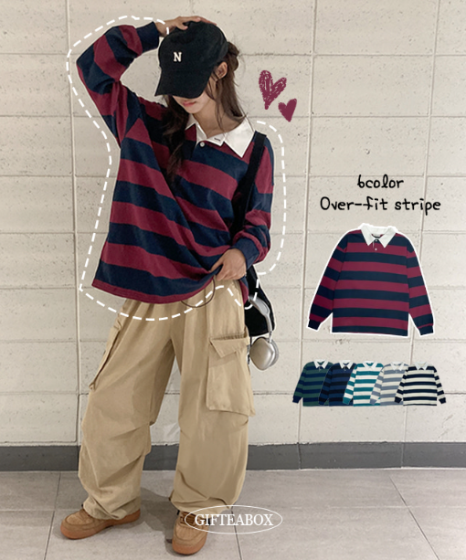 早秋預訂｜條紋寬鬆領長袖T 恤