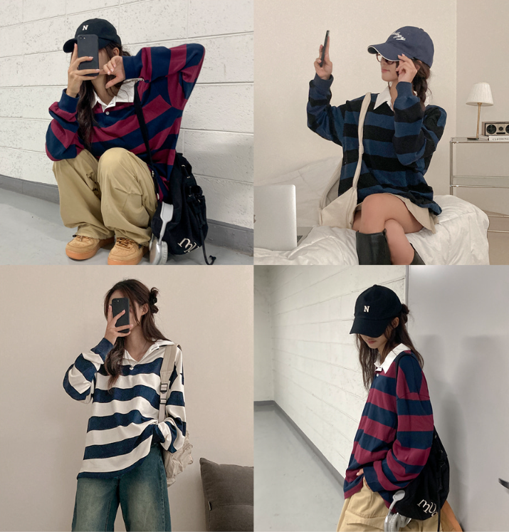 早秋預訂｜條紋寬鬆領長袖T 恤