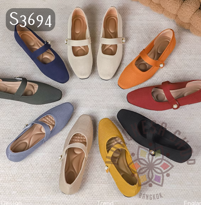 S3694 - 牛皮網面扣帶圓頭平底鞋