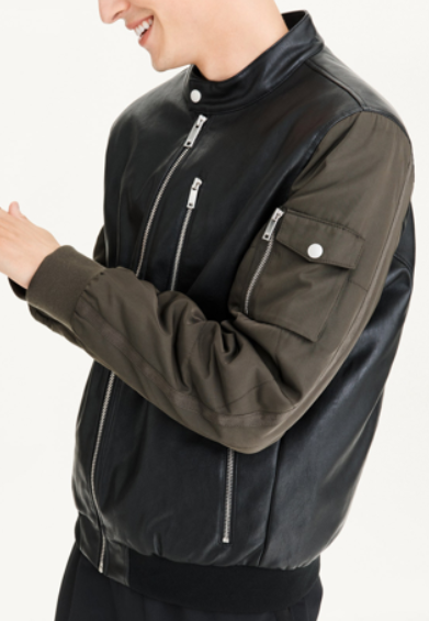 [S] DKNY MIXED MEDIA FAUX LEATHER BOMBER,BLACK/OLIVE, DX1OU470-BOL (SD547)